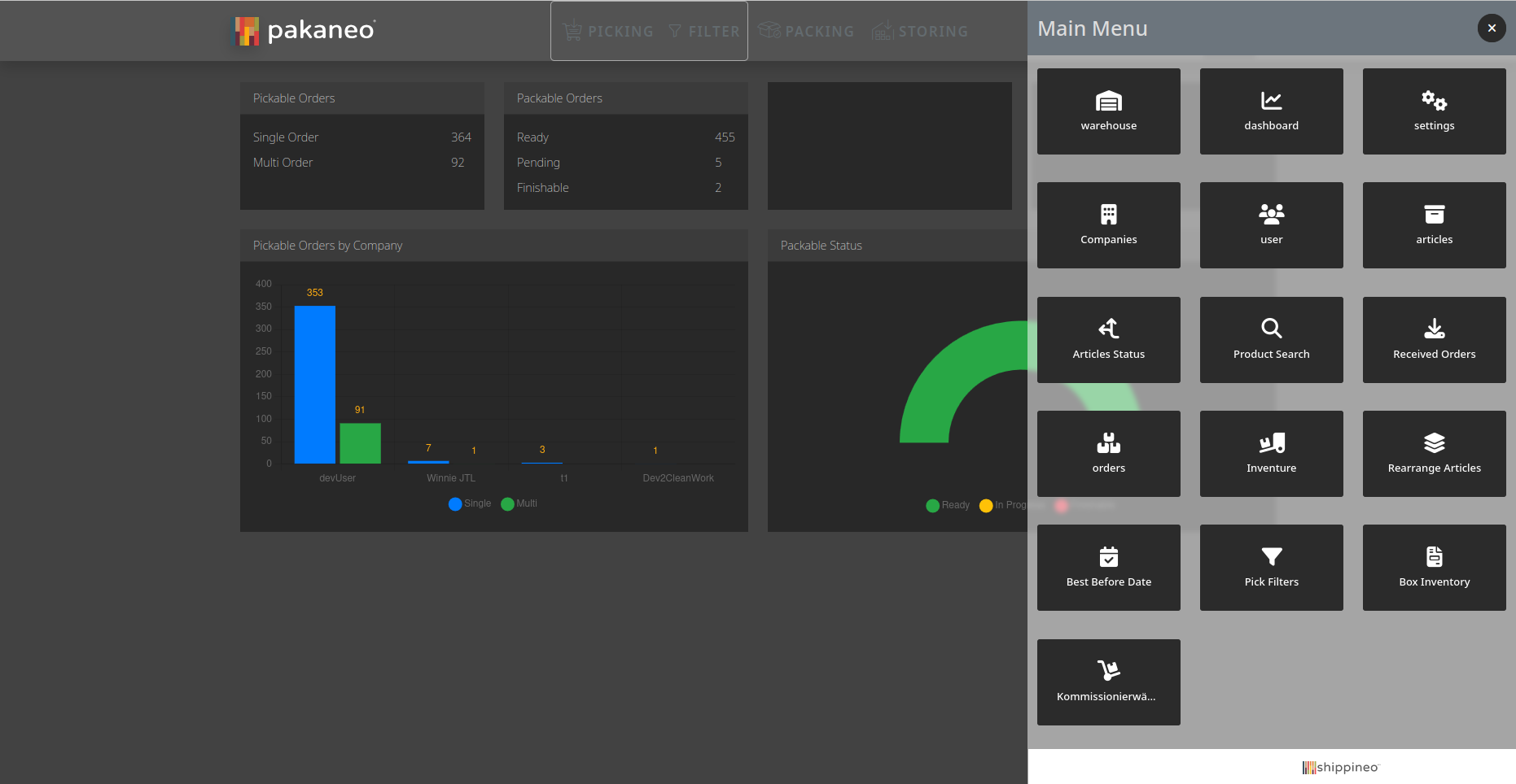 pakaneo main menu with access to warehouse, dashboard, orders and other modules