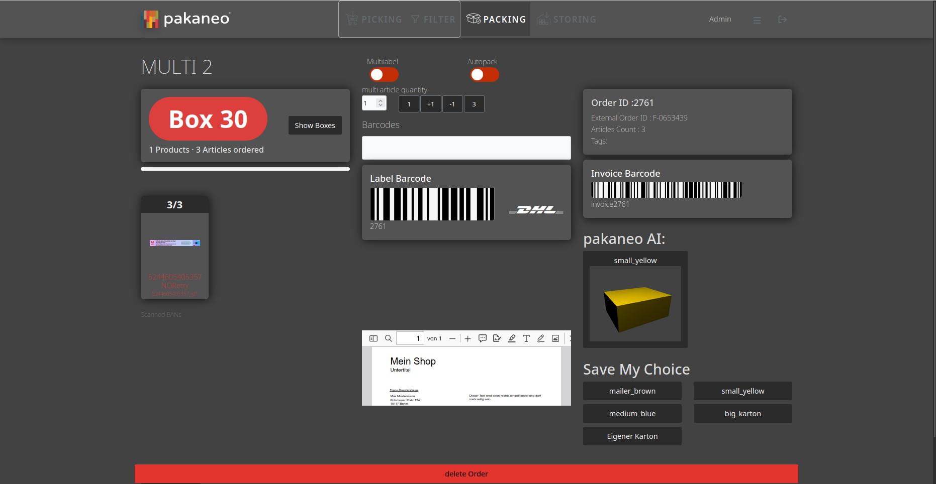 pakaneo packing: shipping label, invoice barcode and box suggestion while packing