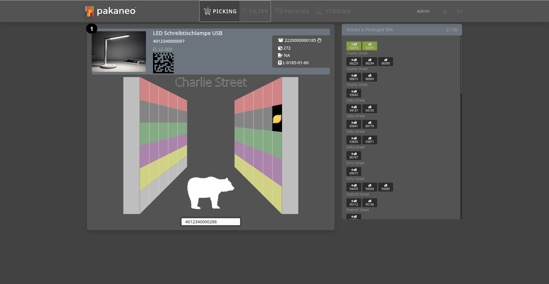 pakaneo picking view with item, barcode and route-optimized walking order in the warehouse