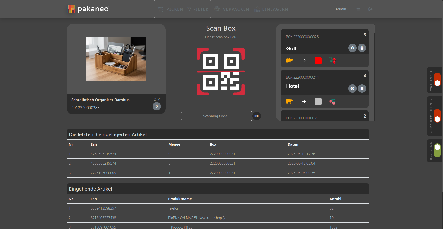pakaneo storing: scan a box, see recently stored and incoming articles at a glance